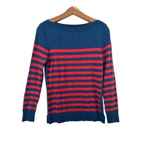 Talbots Womens Sweater Sz M Red/Navy Striped Merino Wool Lightwt Classic Preppy